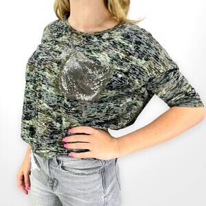 00s MADIGAN Vintage Green Spade Dye Sequin Pocket T-Shirt